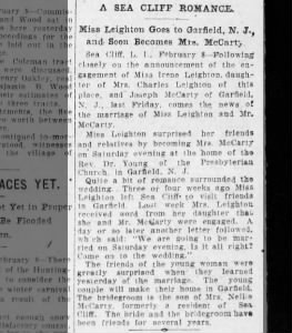 Irene Leighton and Joseph McCarthy Marriage Announcement 1911
